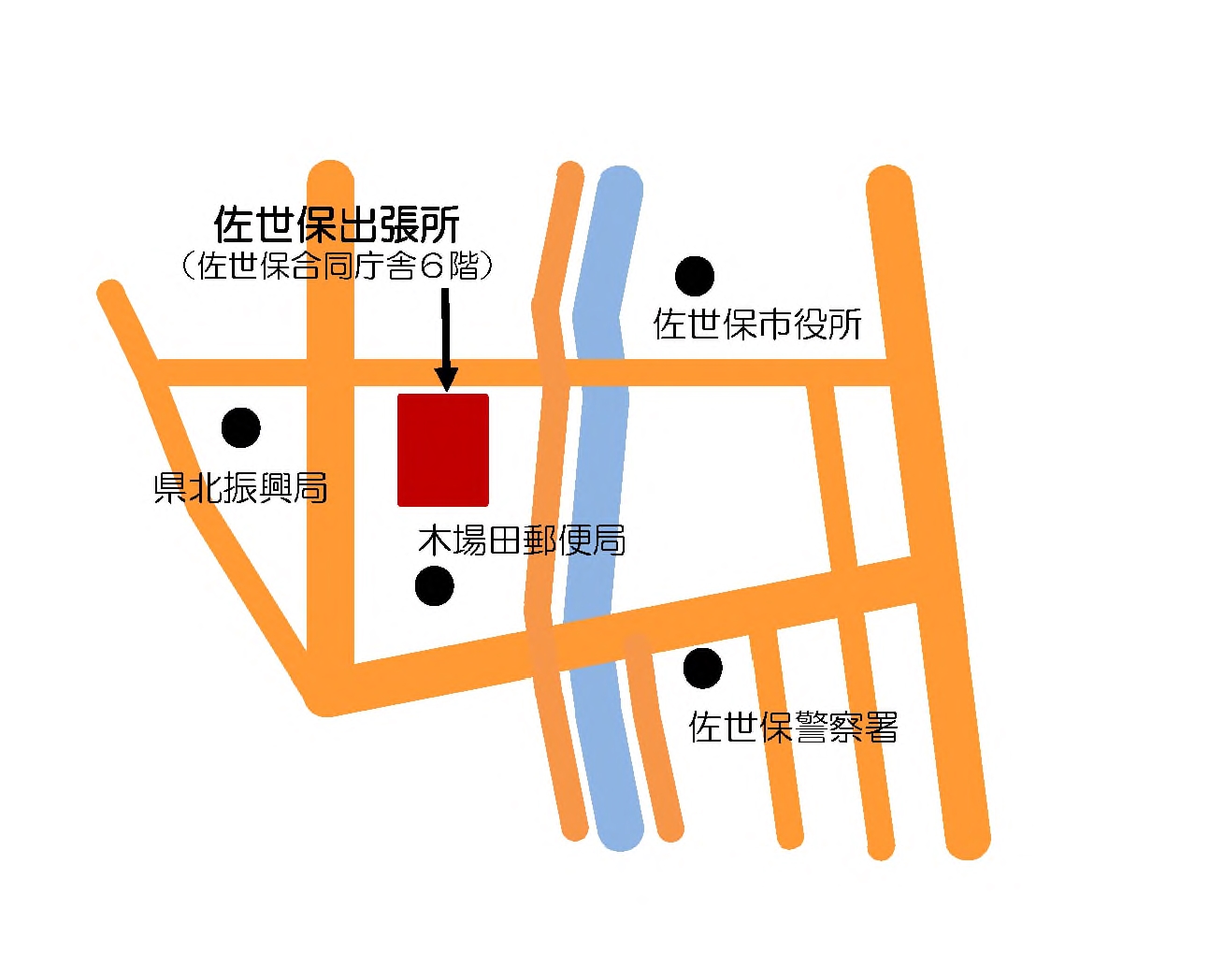 佐世保出張所の地図　佐世保市木場田町2番19号　佐世保合同庁舎6階