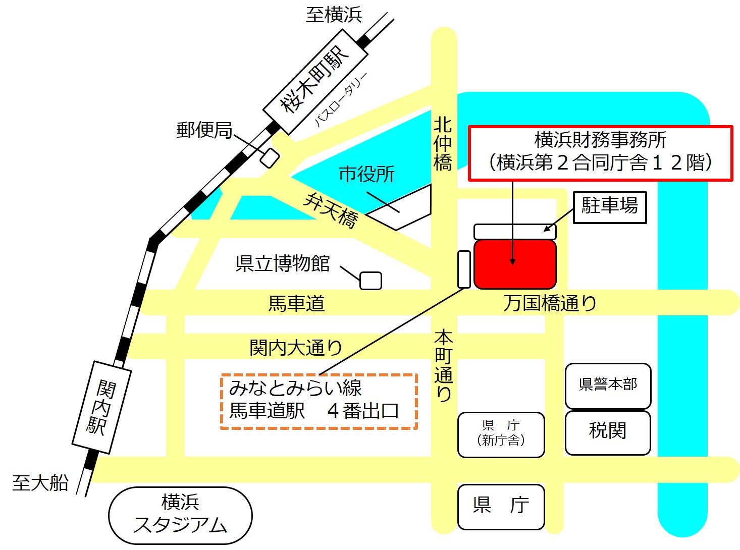 桜木町駅と関内駅を含む案内図イラスト