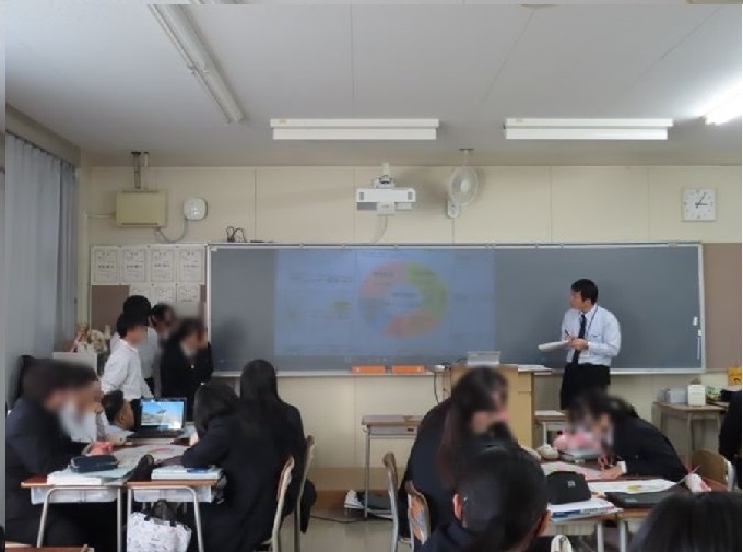 黒板の前で、グループで話し合った予算案を発表している様子