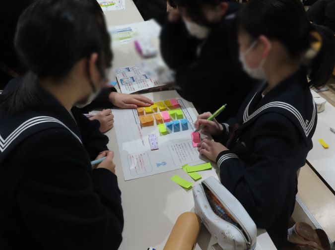 生徒が2050年の日本について付箋に書いた意見をもとに、数人ずつのグループで話し合っている様子